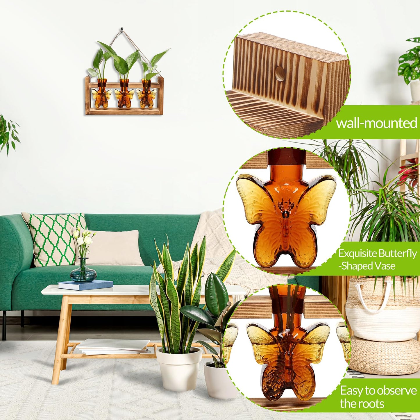Glass Plant Propagation Station Butterfly Vases for Plants Birthday Gifts for Women Mom Office Home Decoration with Wooden Stand