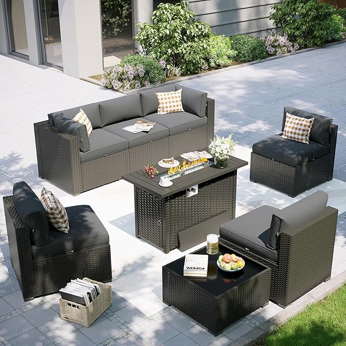 Aoxun Patio Furniture Set with Fire Pit Table, 8 Piece Outdoor Sectional Sofas