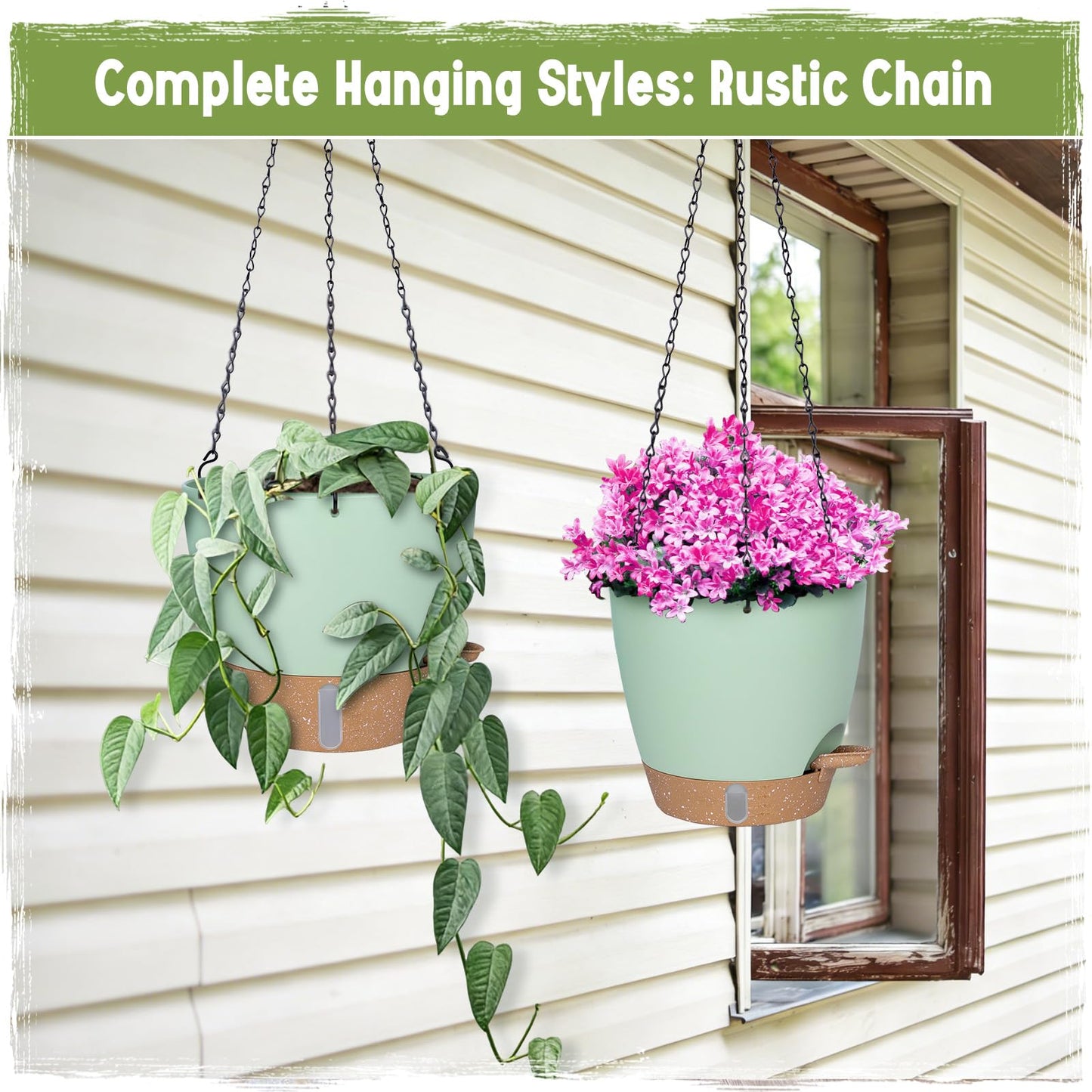 Goproauto Self-Watering Hanging Planters with Water Level Window, 8/10 Inch Indoor Outdoor Hanging Plant Pots Includes Chain Hangers with Drainage Holes & Detachable Reservoir (Green, 8+10 inch)