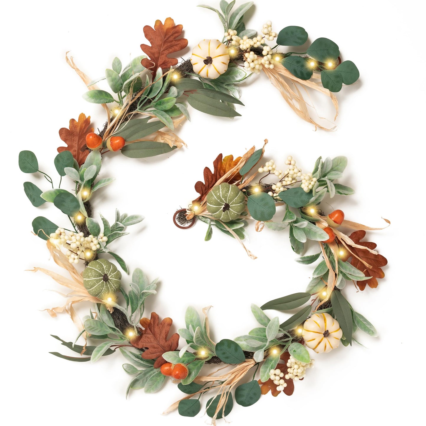 Valery Madelyn Fall Garland for Mantle, 6ft Lambs Ear Leaves Garland with Lights White Pumpkins Thanksgiving Table Centerpiece, Fall Autumn Decorations for Home Porch Fireplace Outdoor Halloween Decor