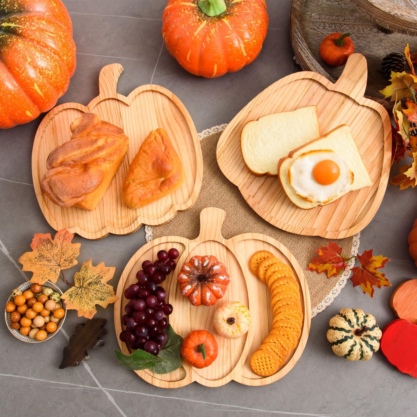 FOBSME 3 Pcs Pumpkin Wooden Charcuterie Boards Thanksgiving Serving Platters Halloween Pumpkin Wooden Serving Trays with Compartments Wood Dish Plates for Autumn Harvest Holiday Housewarming Presents