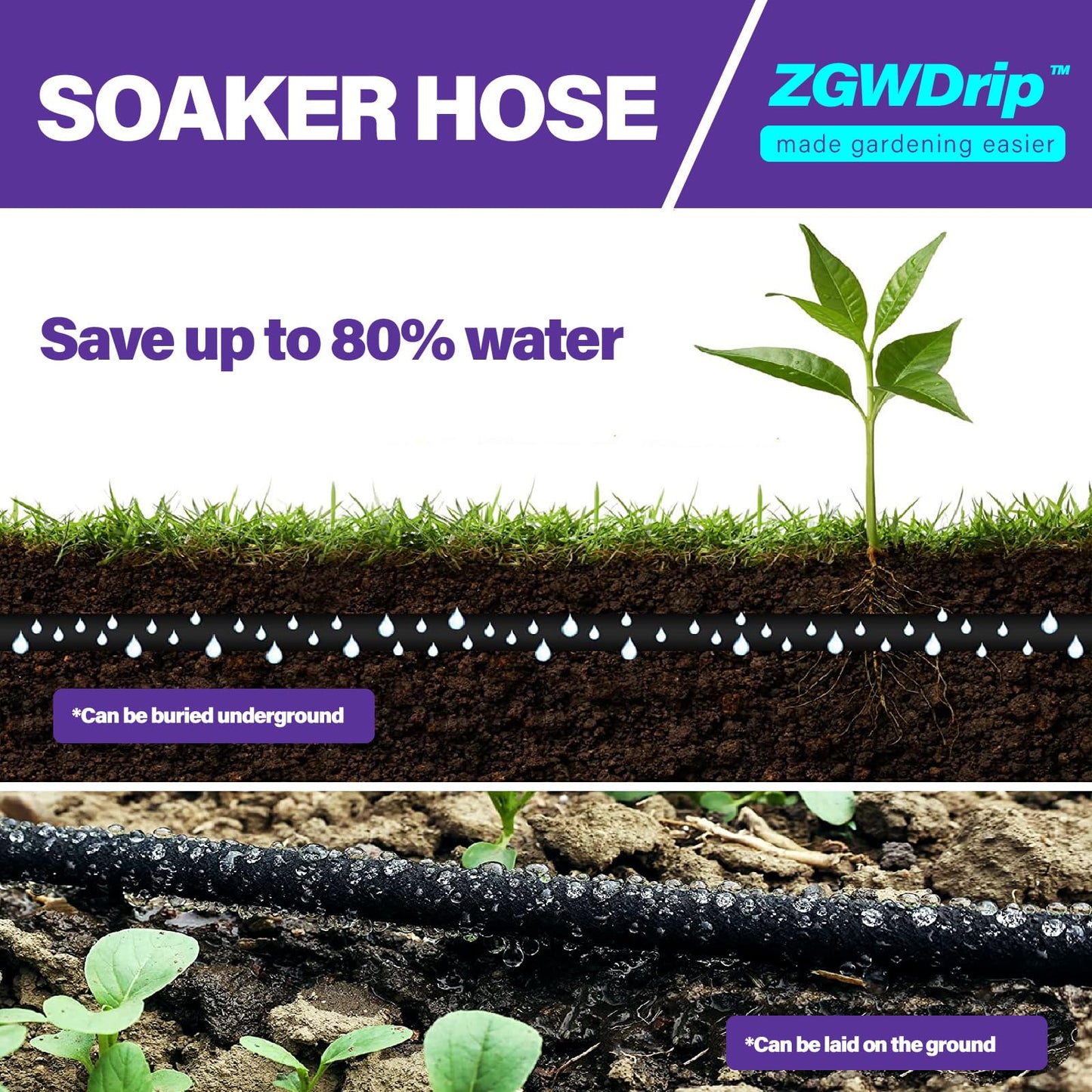 ZGWDrip 150FT 1/2" Water-Saving Soaker Hose with Solid Brass Connectors, Drip Irrigation Kit for Lawn & Landscaping with Metal Ground Stake & Accessory Kit