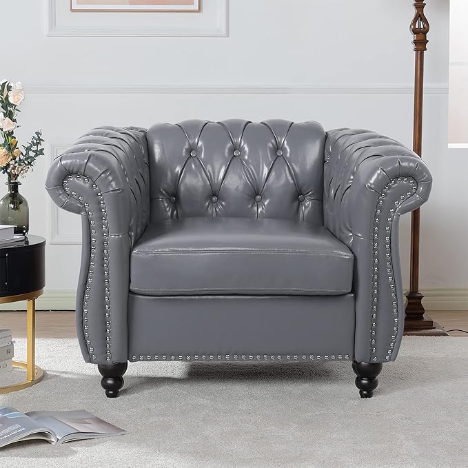 LEVNARY Leather Upholstered Armchair, Mid-Century Modern Single Sofa Chair