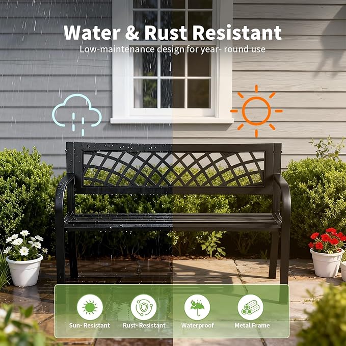 Garden Bench, Outdoor Benches, Iron Steel Frame Patio Bench