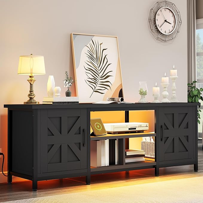 YITAHOME TV Stand with LED Lights & Charging Station, Farmhouse Entertainment