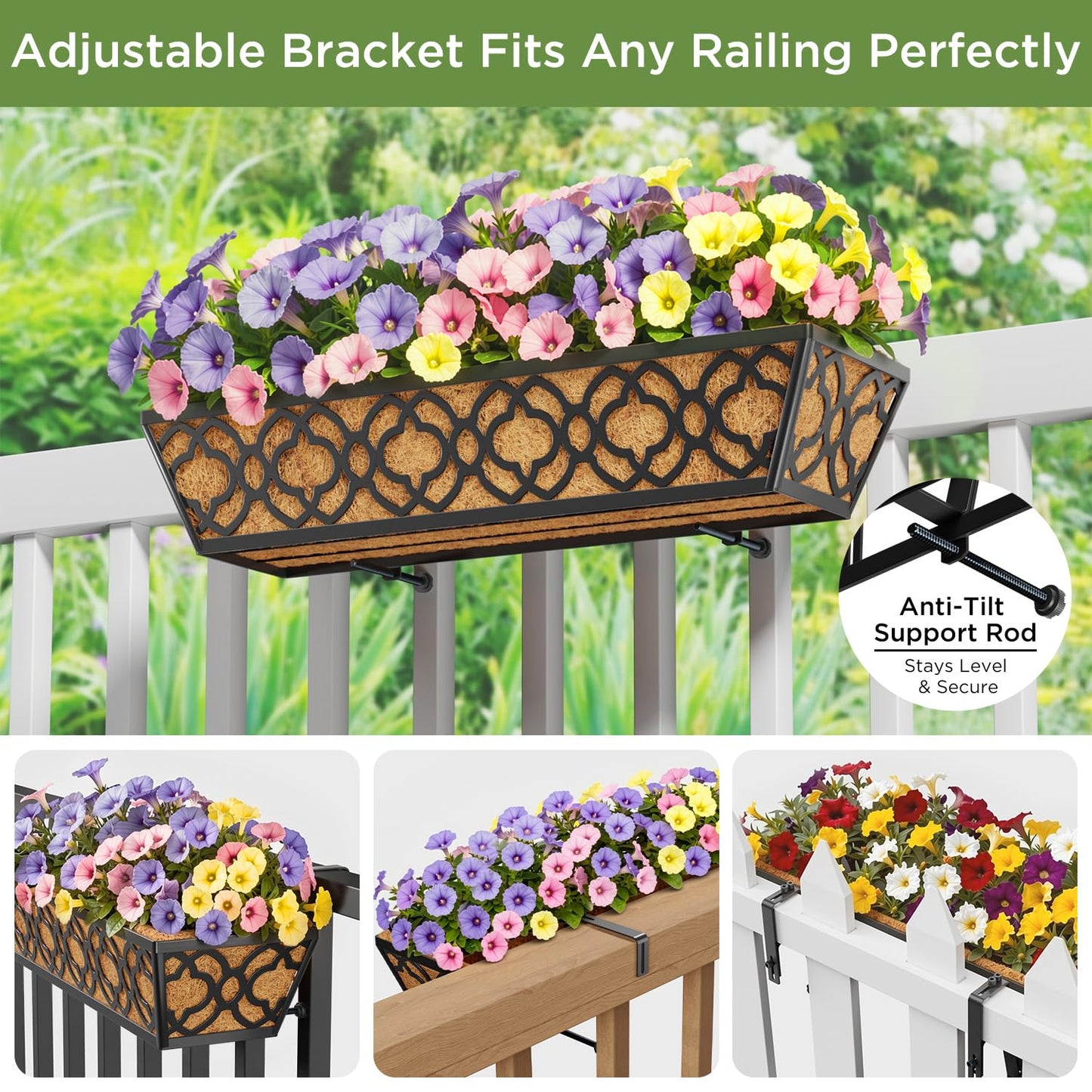 Y&M Deck Railing Planter Boxes, Adjustable Balcony Planter for Outdoor Plants, Metal Railing Planter Box for Deck, Fence and Porch, Window Boxes Outdoor, Sturdy Hanging Planter-24inch 2pcs
