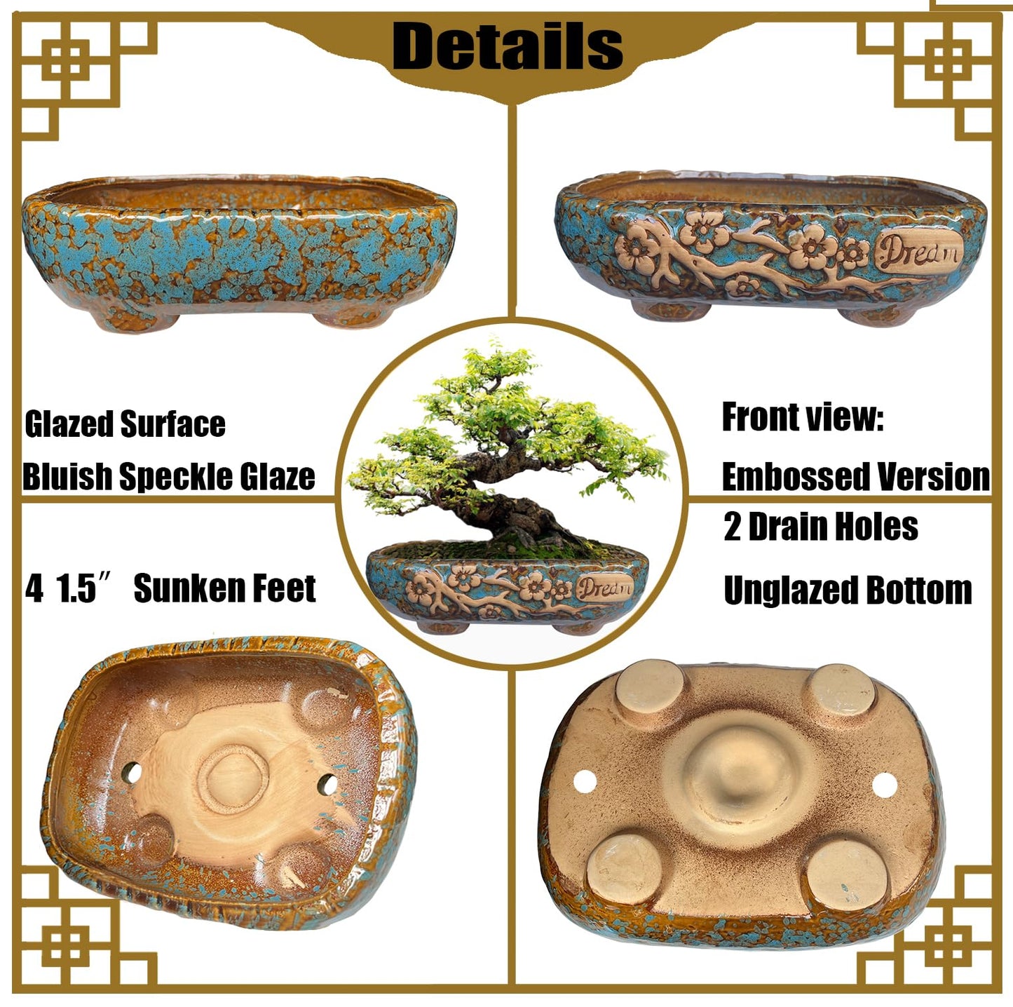 MUZHI 9.5” Rectangular Ceramic Rustic Bonsai Planter Pots with Drip Tray, Glazed Vintage Wide Mouth Shallow Pottery Bonsai Flower Planter Pots with Saucer