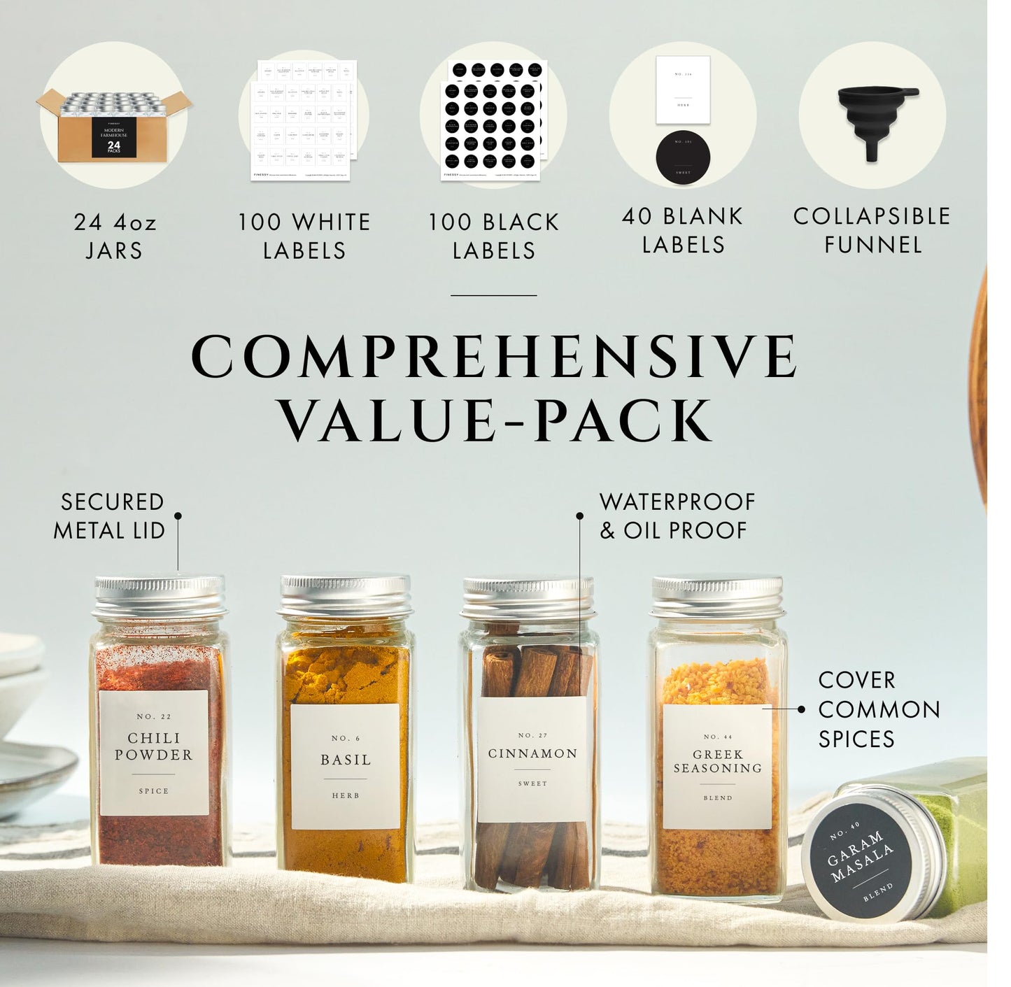 FINESSY Glass Spice Jars with Labels with Metal Lids and Shakers 24 Pack Set, 4oz Small Empty Air Tight Spice Containers with Labels, Clear Seasoning Containers Herb Bottles Kitchen Storage Organizer