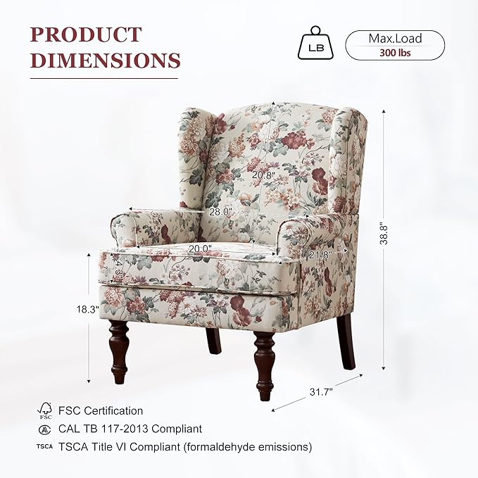 HUIMO Printed Wingback Accent Chair, Linen Upholstered High Back Armchair