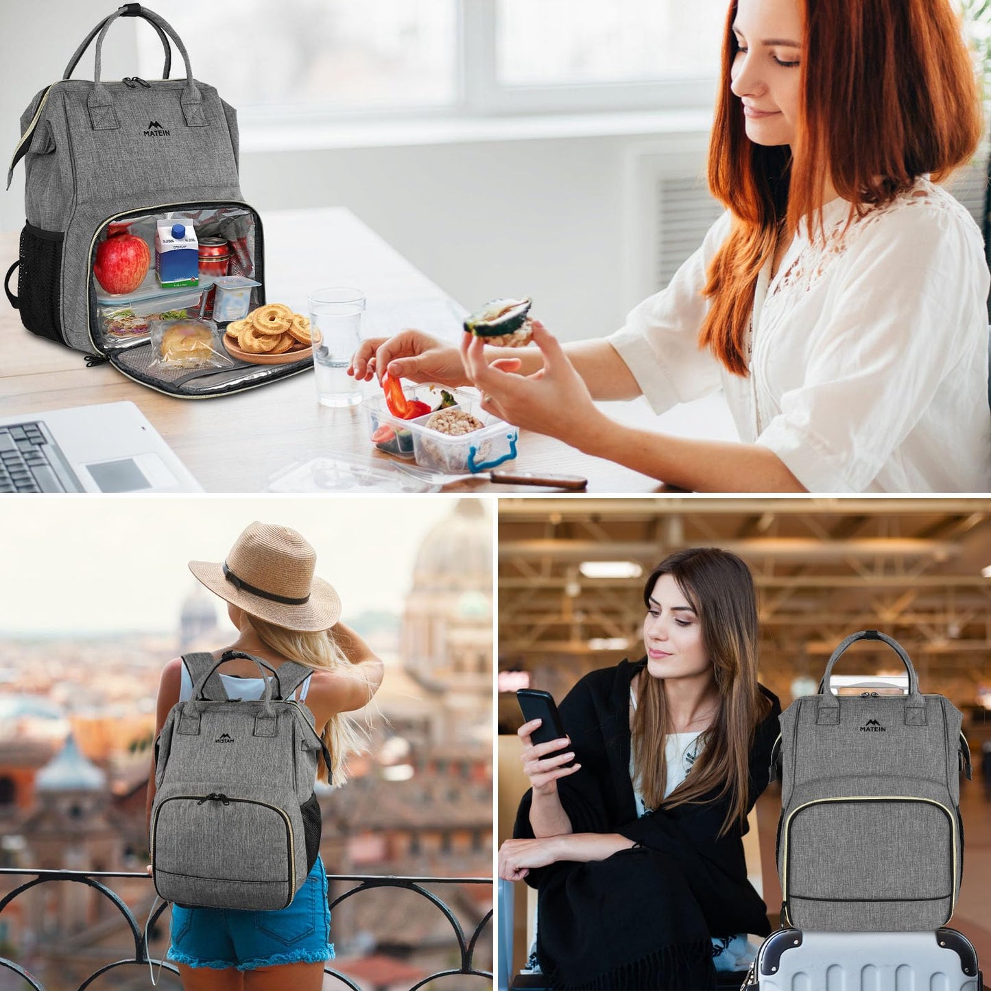 MATEIN Lunch Backpack, 15.6 Inch Insulated Cooler Bag with USB Port for Women Men, Water-Resistant Leak Proof Laptop Backpack Lunch Box Bag for Nurse Teacher Work Office Commute Travel Picnic, Grey