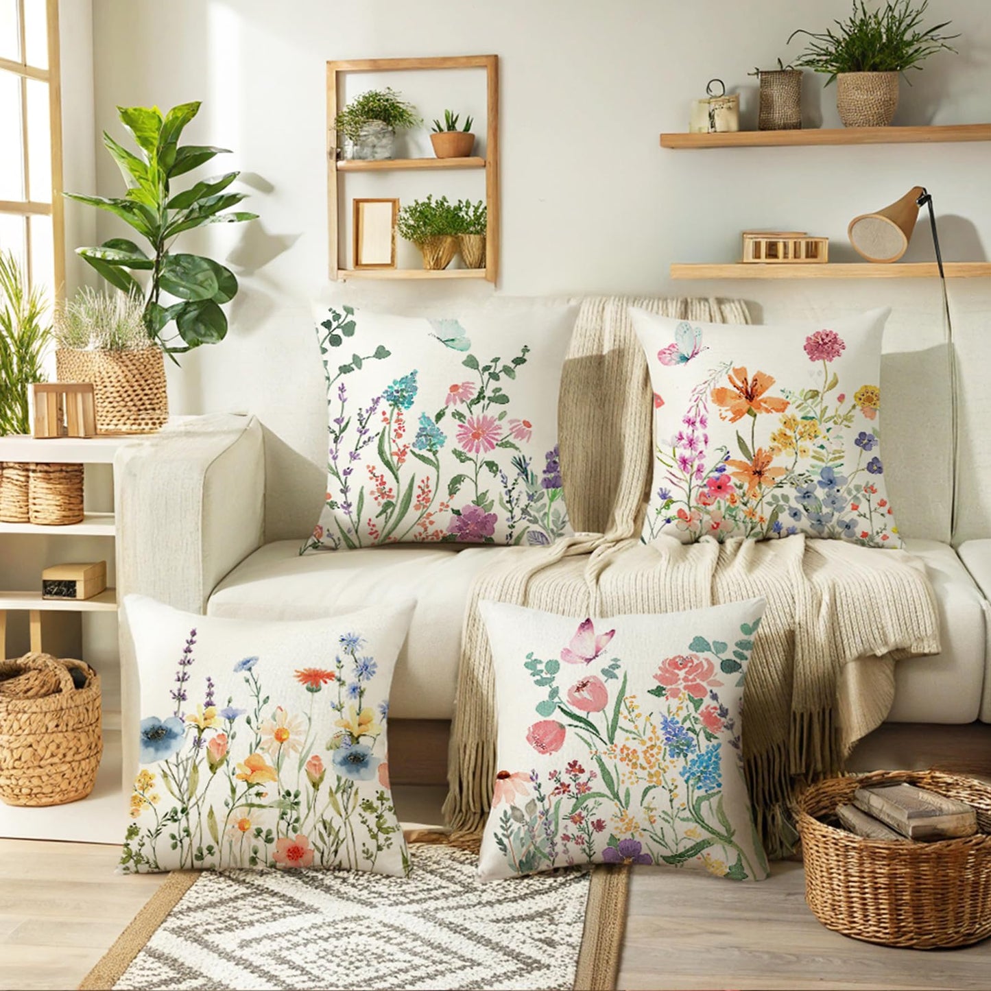 ONFAON Spring Summer Pillow Covers 20x20 Set of 4,Floral Seasonal Summer Outdoor Decoration Pillowcase Linen Cushion Cover for Couch Sofa