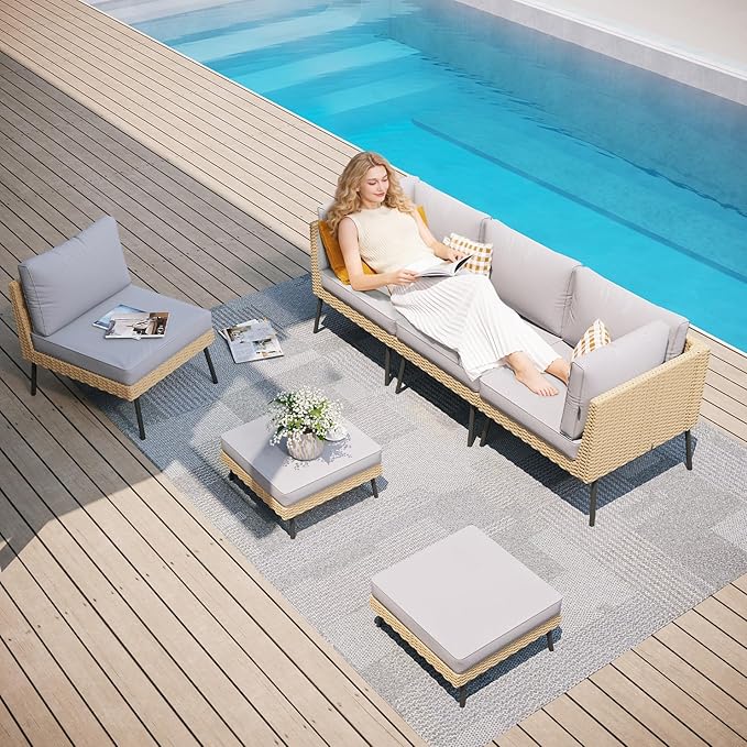 Aoxun 6-Piece Patio Furniture Set, Wicker Outdoor Furniture