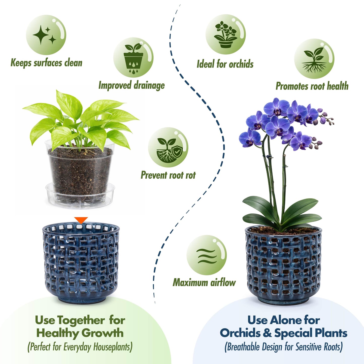 D'vine Dev 6.7 Inch Ceramic Orchid Planter with Lattice Cutout Design, Glazed Cachepot with Clear Nursery Pot & Detachable Saucer for Orchids and Indoor Plants, Midnight Blue, 28-A-Y-2