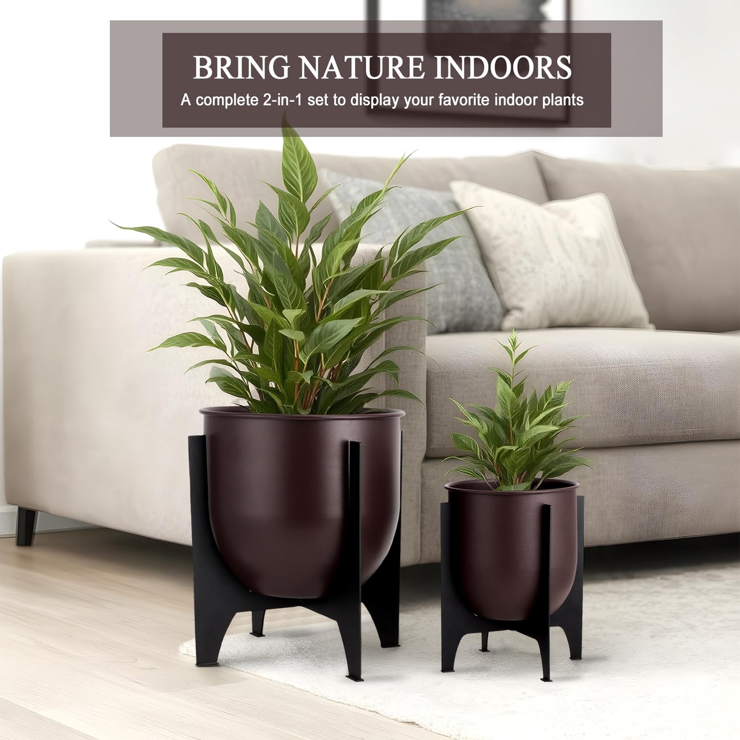 TRIROCKS Set of 2 Planters with Stand Indoor Outdoor Metal Plant Stand 16 &8" H Modern Planters Flower Pots for Living Room Corner Kitchen Office Garden Balcony Patio Decor