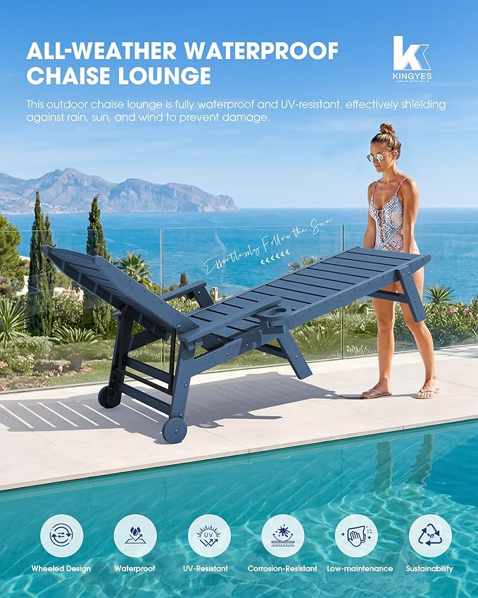 KINGYES HDPE Lounge Chair Outdoor, Patio Chaise Lounge Recliner