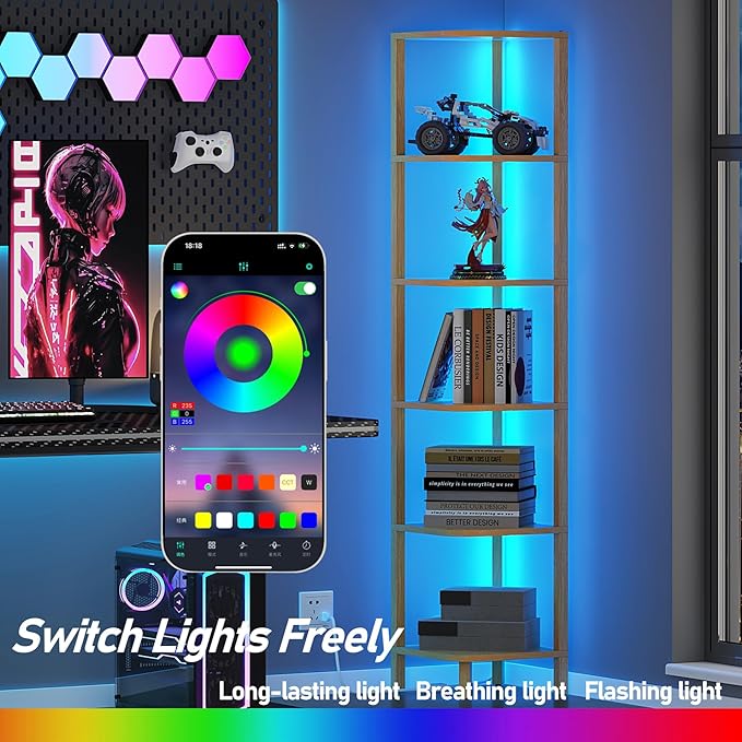 TUTOTAK Corner Shelf with LED Light, 6-Tier Corner Bookshelf