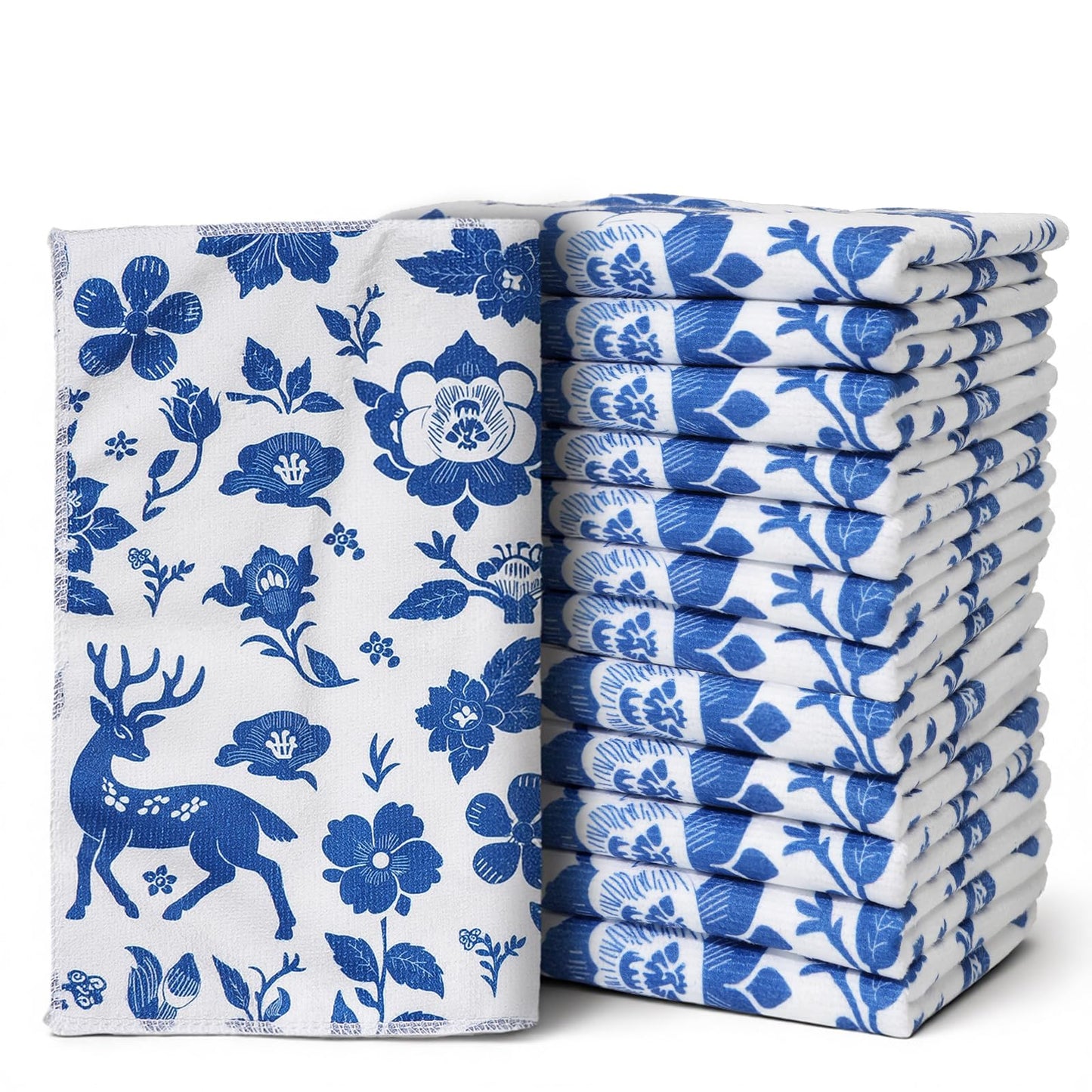YUA Microfiber Cleaning Cloth 12 Pack,Microfiber Towels Cleaning,Microfiber Towels for Cars,Absorbent Dish Washing Cloth,Reusable Cleaning Cloths Lint Free (Blue Floral Deer)