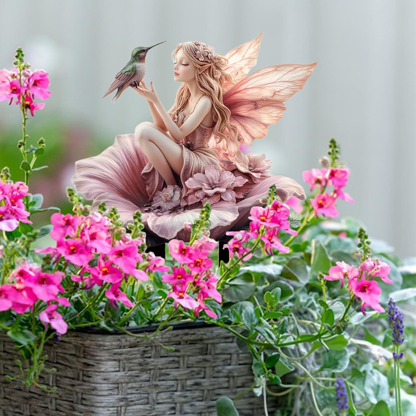 ANNUOZE Fairy Garden Stake Decor, 2D Flat Acrylic Fairy Garden Decor Panel, Elf Yard Sign for Outdoor Indoor Yard Lawn Plants Pots, Fairy Garden Accessories (Flowers Fairy and Hummingbird)
