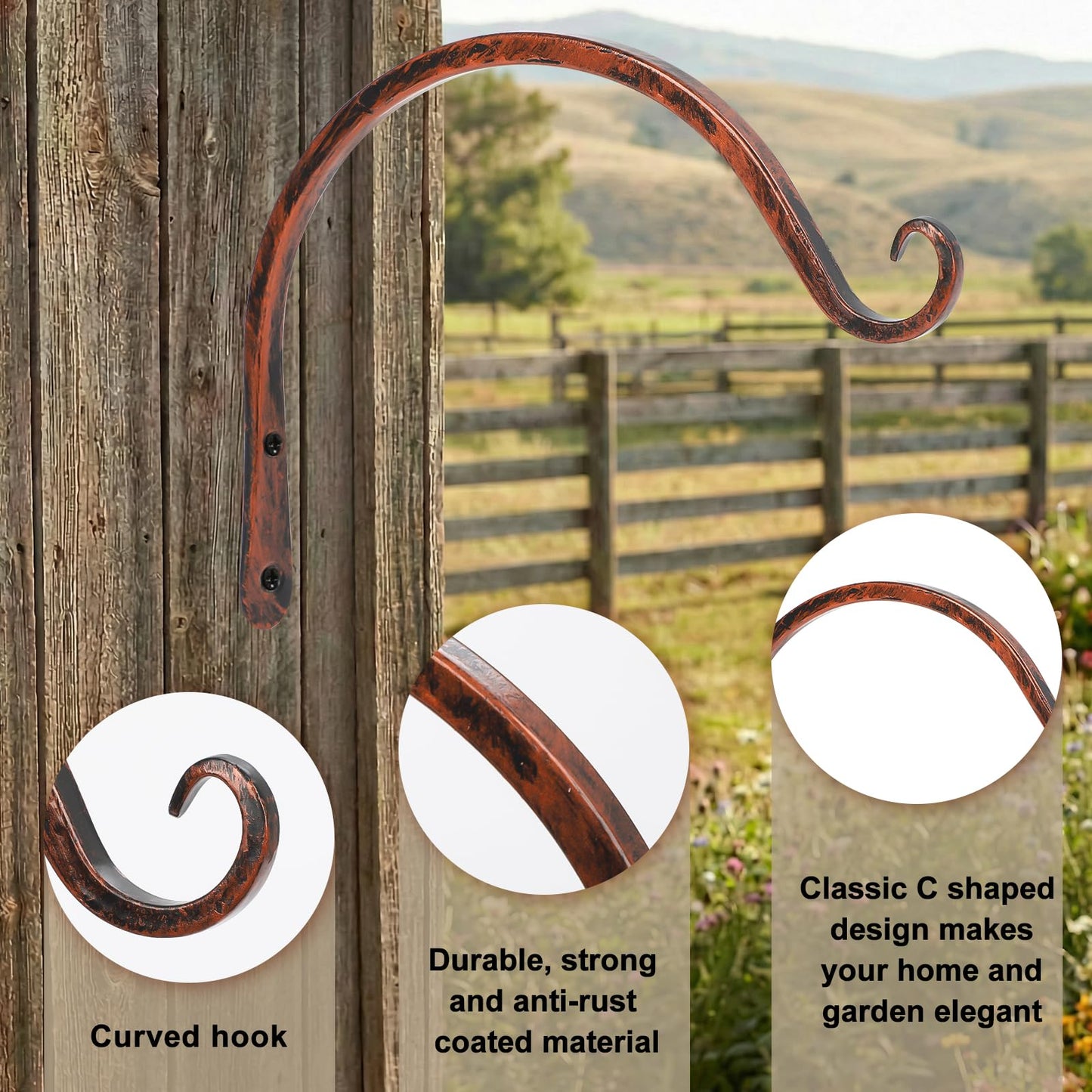 FEED GARDEN 2 Pack 8 Inch Hanging Plant Bracket Wall Hooks Decorative Plant Hangers for Outdoor Hanging Bird Feeders, Wind Chimes, Plant Baskets, Antique Bronze