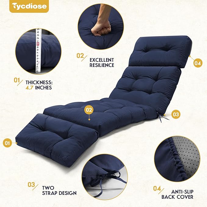Waterproof Chaise Lounge Chair Cushions Outdoor 74.4 x 22 x 4.7 Inches Memory