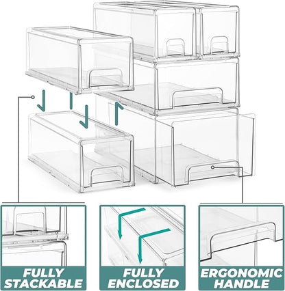 Sorbus 1 Large & 2 Small Clear Stackable Storage Drawers – Plastic Organizer Bins with Handles – Stackable Pull-Out Storage Drawers for Closet, Pantry, Office, Bathroom, Craft, and Toy Organization