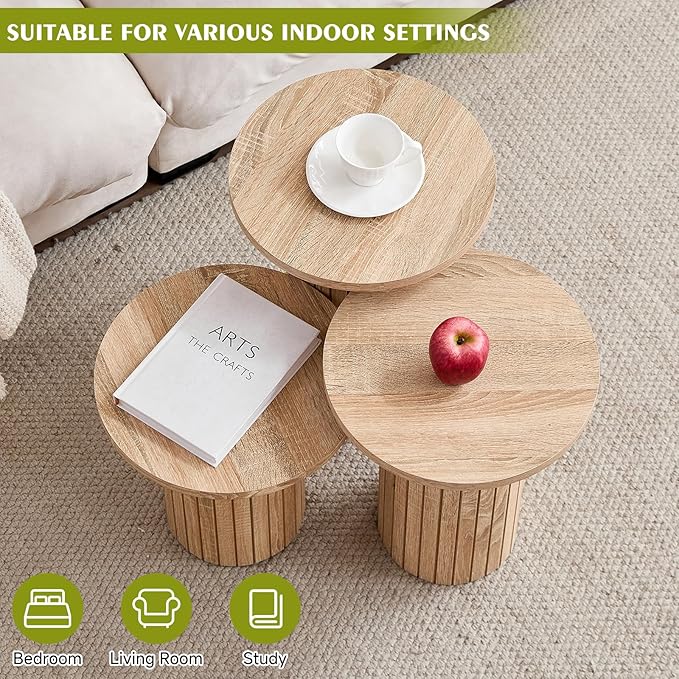 Round Side Tables Set of 3, Circle Modern Fluted Nesting Coffee Table, Accent