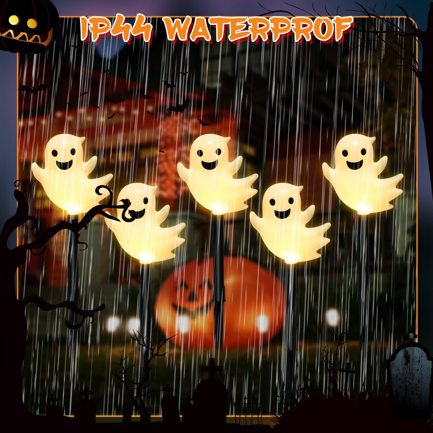 Solar Halloween Ghost Pathway Lights, 10 Pack 3D Lighted Outdoor Stake Decorations, Waterproof LED Yard and Garden Lights for Halloween Pathway, Lawn, Patio, and Holiday Decor (10-Ghosts-Warm)