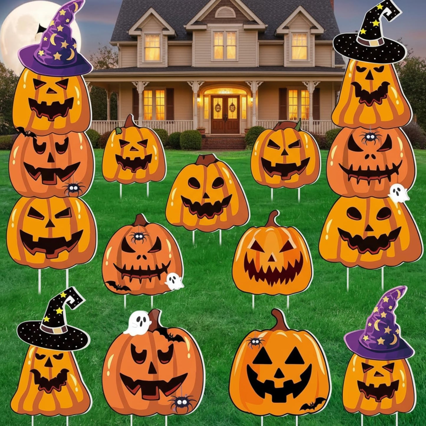 Amyhill 12 Pcs Halloween Pumpkin Yard Signs for Outdoor Spooky Ghost Jack O 16 Pcs Pumpkin with Witch Hats Lawn Stakes Trick or Treat Yard Decorations for Halloween Garden Stack Prop Home Party Decor
