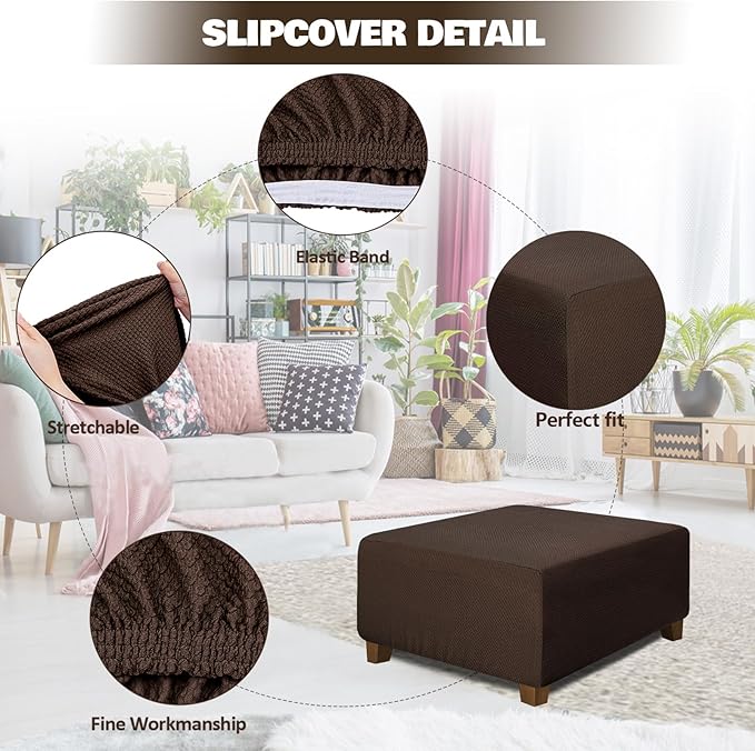 NeColorLife Square Ottoman Cover Jacquard Fabric Slipcover Thick Stretchable