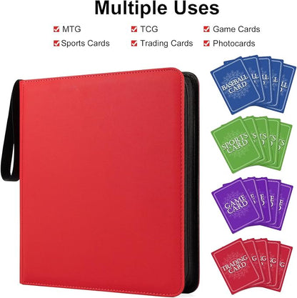 GEAoffice 12 Pocket Trading Card Binder for 720 Cards, Sturdy PU Cover Side Loading Zipper Card Collection Binder Album for MTG, TCG, Game & Sports Cards, Ringless, Non-PVC, Red