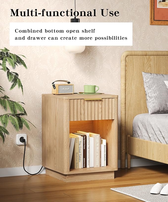 Akxomel Fluted Nightstands Set of 2, Wooden Night Stand