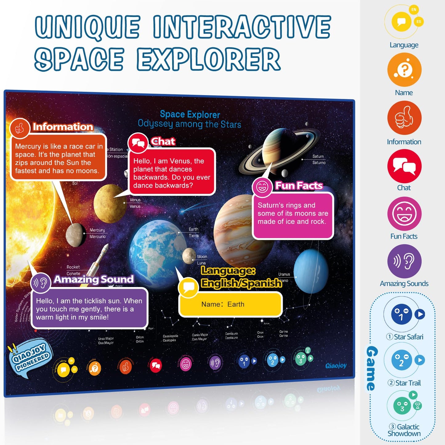 Qiaojoy Bilingual Interactive World Map for Kids Learning and Educational Toys, Talking Electronic Kids World Map i-Poster Geography Games Ages 3 to 12 Years Old, Custom Talking Birthday Gifts Card