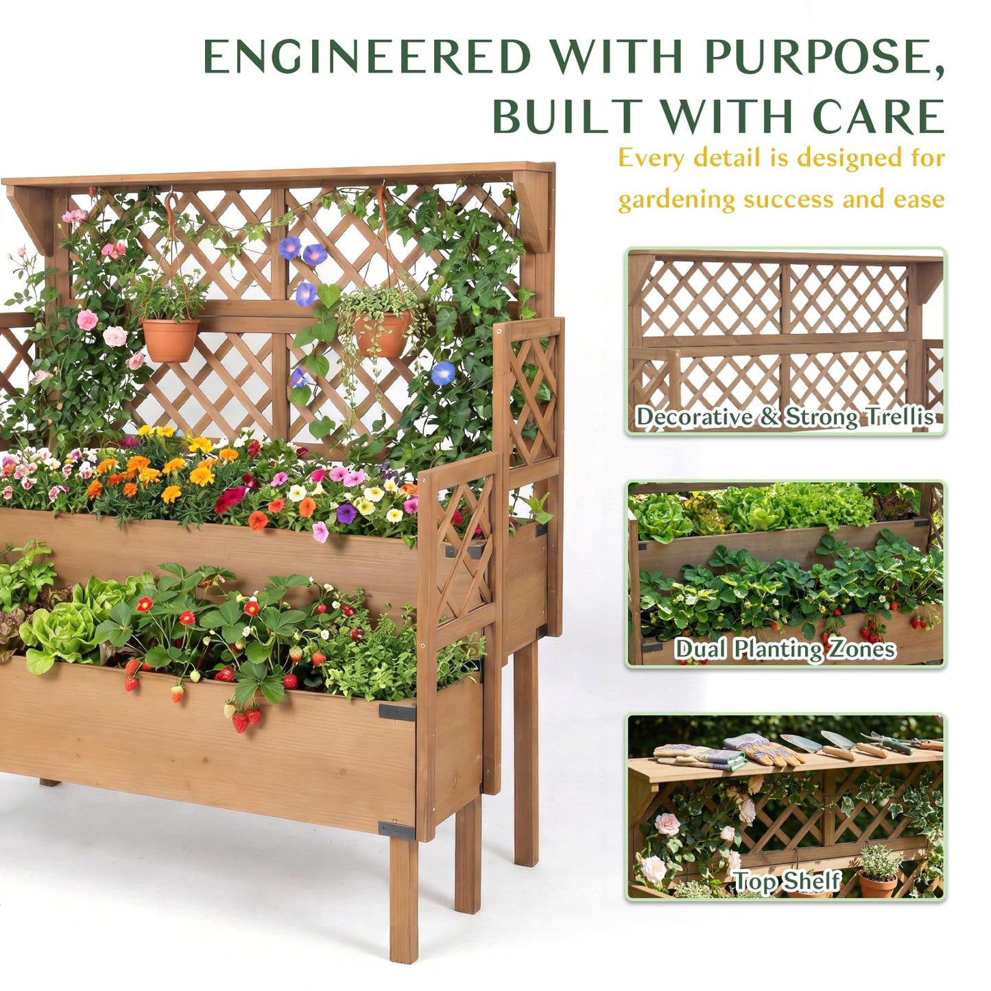 Magazoopet Raised Garden Bed with Trellis, 47''H Outdoor Flower Plant Stand with Two Planting Areas, Top Shelf, Liner, Elevated Garden Beds for Climbing Plants, Herb, Gift for Gardening, Brown