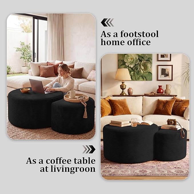 BSHOMGI Boneless Ottoman Nesting Coffee Table Set of 2, Corduroy Soft Foot Rest