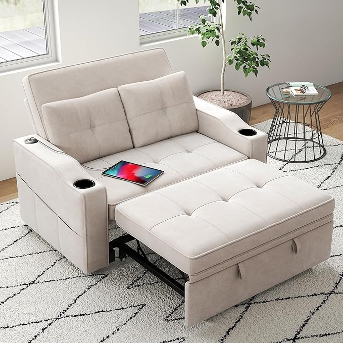 Loveseat Sofa Bed, 3-in-1 Convertible Sleeper Sofa, Chenille Fabric Pull Out