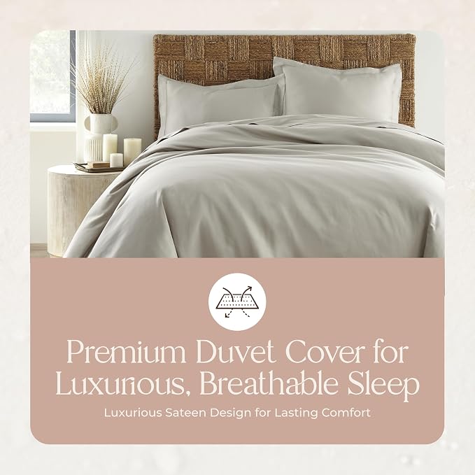 100% Organic Cotton Duvet Cover King Size - Naturally Soft Lightweight & Cooling Duvet Cover Set with Decorative Shams - Premium GOTS Certified 300 Thread Count Sateen Weave (Pewter, King)