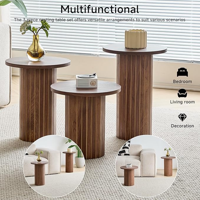 Round Nesting Coffee Table Set of 3 Mid Century Modern Wood Round Coffee Tables