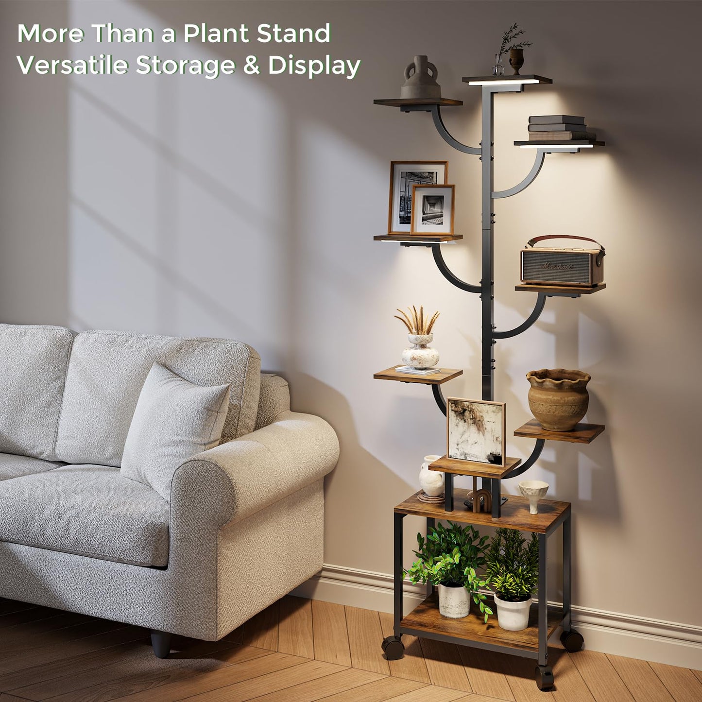 Plant Stand Indoor with Grow Lights - 9-Tier Plant Stand with Wheels, Tall Metal and Wood Indoor Plant Shelf with Tree Design, Rolling Flower Pot Holder Rack with Waterproof Finish, Adjustable Display Stand for Home Garden, Patio, 62" Tall