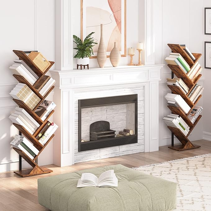 HOOBRO Tree Bookshelf, 9-Tier Bookcase Wooden Shelves, Floor Standing Storage