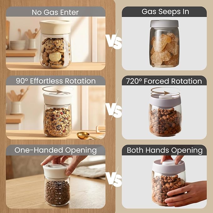 LAKUMIQI Overnight Oats Containers with Lids, 27oz Glass Jars with Airtight Lids, One-Hand 90° Twist-Off Wide Mouth Food Storage for Coffee Bean, Chia Pudding, Meal Prep, Pantry, Beige