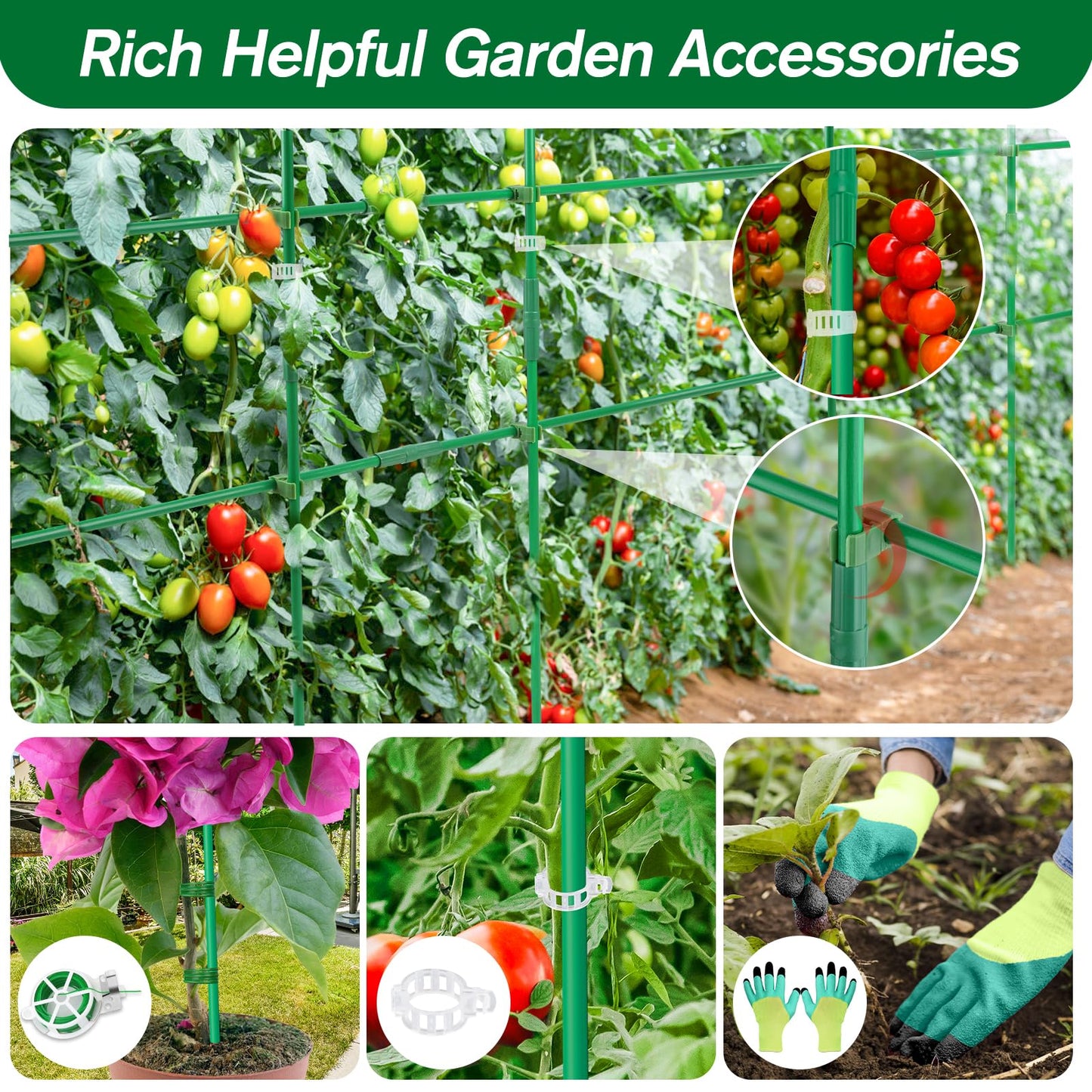 Qinzave 256PCS Garden Stakes Set with 75PCS 16 Inch Fiberglass Plant Sticks and Stake Arms, DIY 4ft 5ft 6ft 7ft 8ft Tomato Stakes, Garden Stakes for Vegetables Tomato Pepper Indoor Outdoor Plants