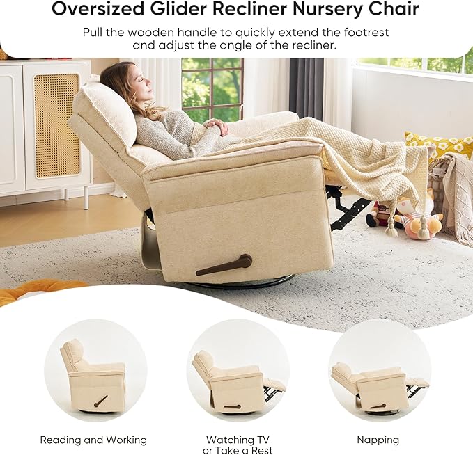Rocking Chair Nursery with Adjustable Headrest, Manual Swivel Rocker Recliner