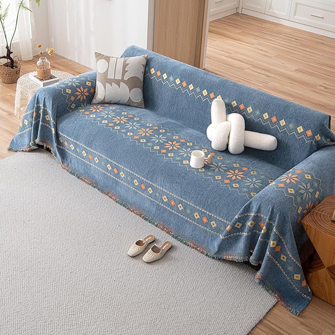 DREAMINGO Blue Boho Couch Cover Geometric Jacquard Sofa Covers