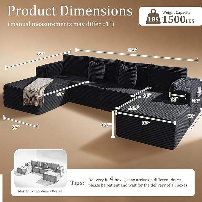 138" Cloud Sectional Couch, Comfort U Shaped Boneless Couch