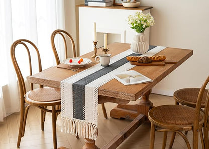 FEXIA Boho Table Runner for Summer Home Decor with Tassels 36 Inches Long Farmhouse Grey Rustic Burlap Table Runner Macrame Table Decoration for Kitchen Bedroom Living Room (12x36 Inches)