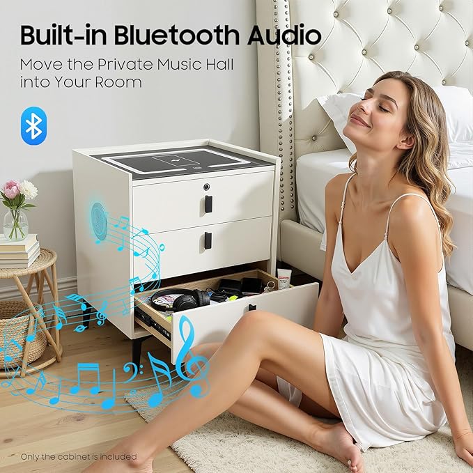 Smart Nightstand with Charging Station, Adjustable LED, USB Ports, Fingerprint