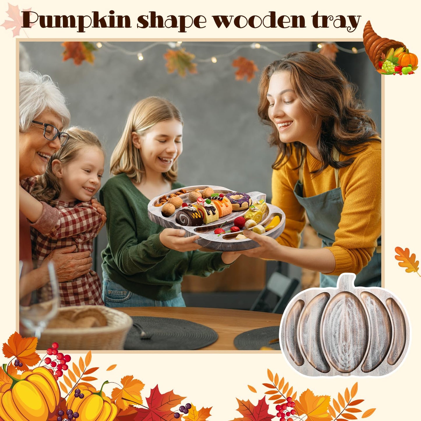 Sliner Fall Pumpkin Wooden Serving Dish Platter Thanksgiving 15" L x 12" W Pumpkin Shaped Charcuterie Board Snack Wood Cutting Board Sectional Dish Plate for Home Gifts(Grey White)