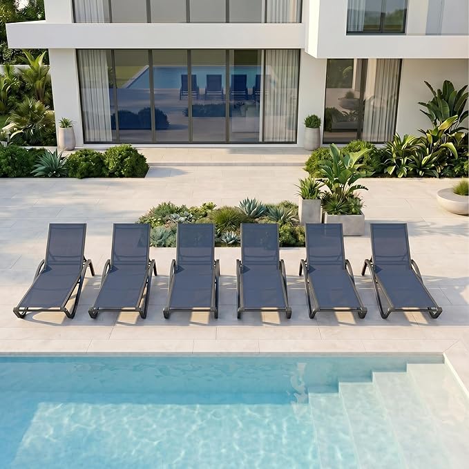 Patio Chaise Lounge Chairs Set of 6, All-Weather Aluminum Pool Loungers
