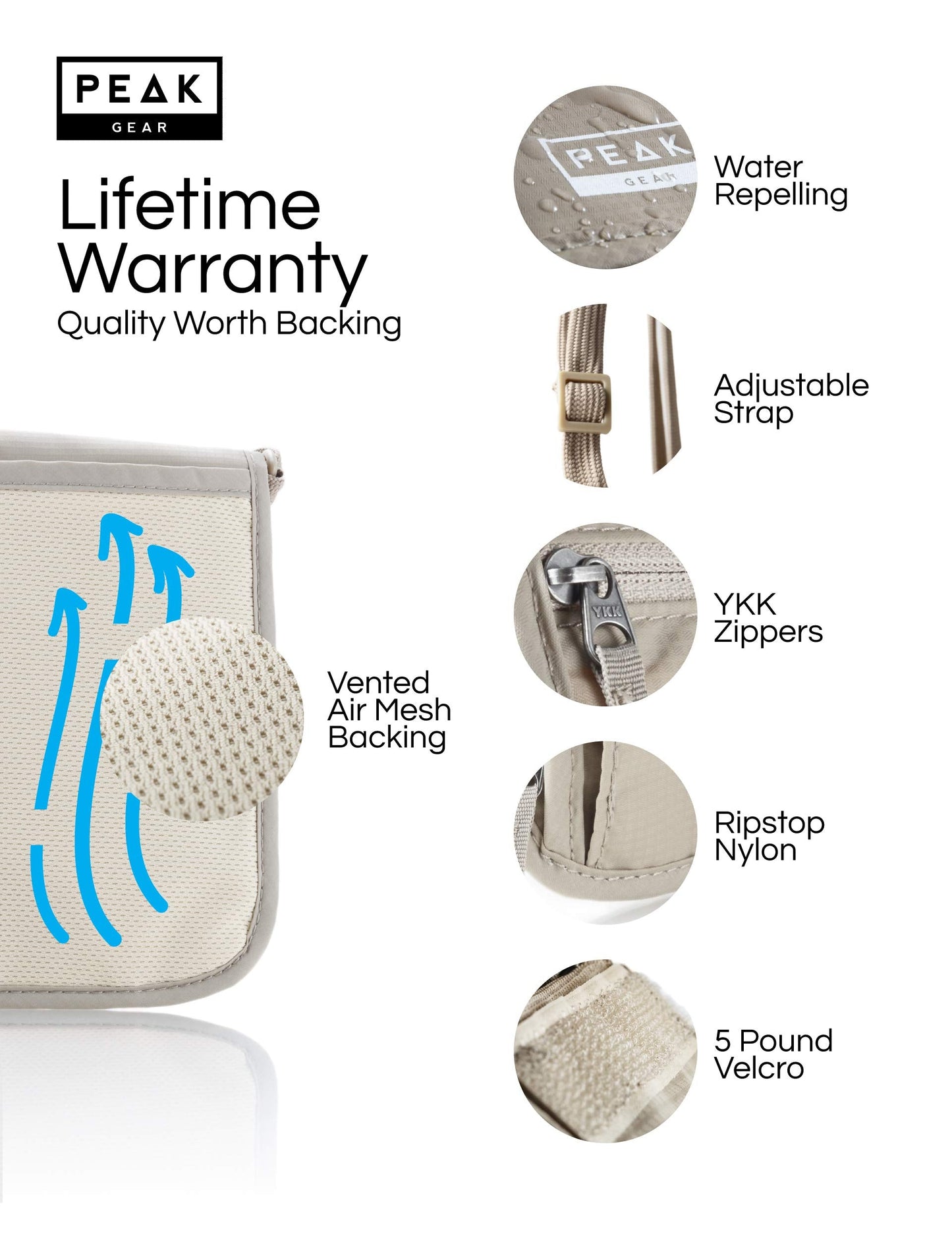 Peak Gear RFID Neck Wallet - The Original Travel Pouch with Adjustable Crossbody Strap + Theft Protection and Lost & Found Service | Beige