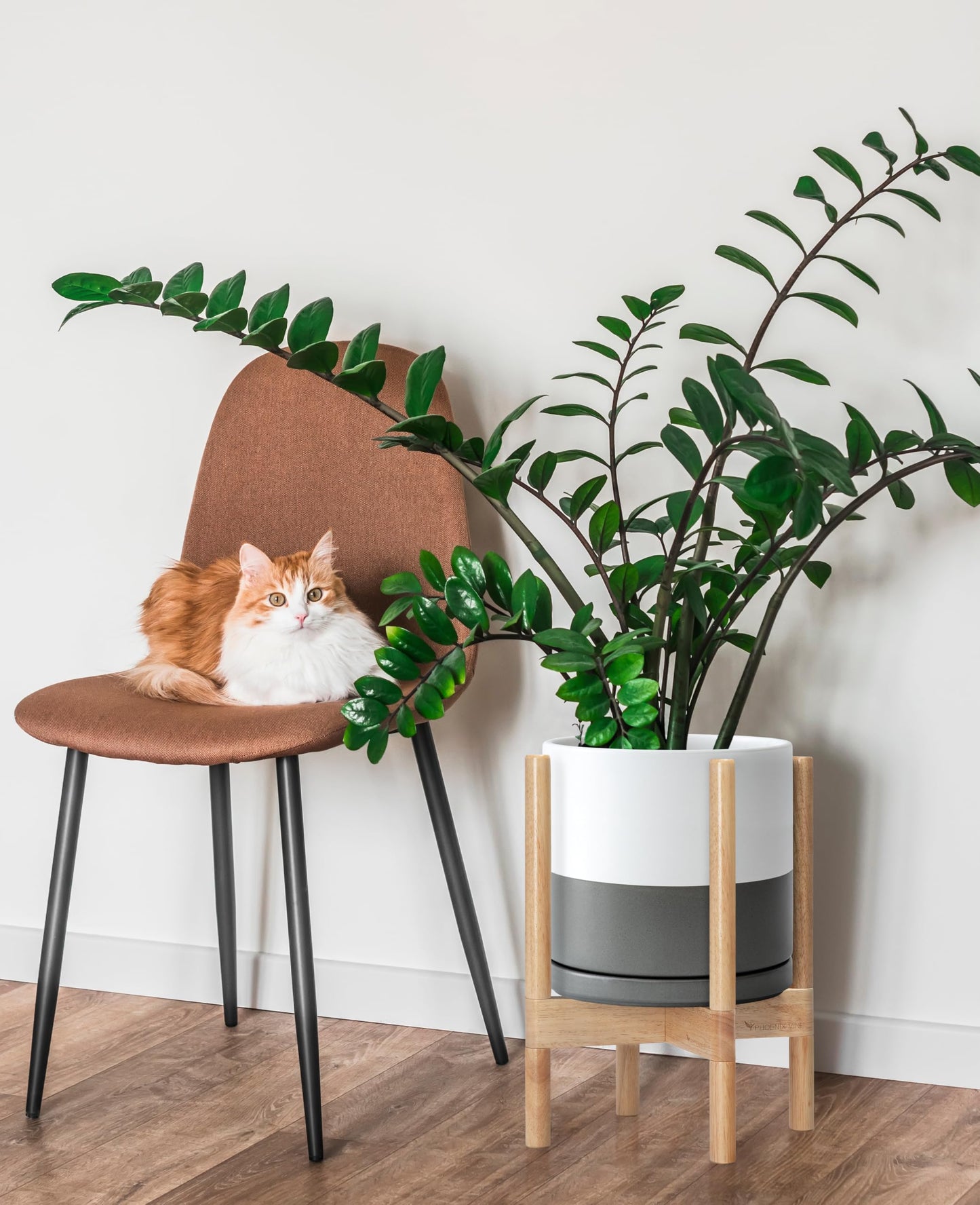 D'vine Dev Ceramic Planter with Natural Stand - 10 Inch Modern Round Flower Pot with Wood Planter Holder, White/Grey, 55-B-K-6